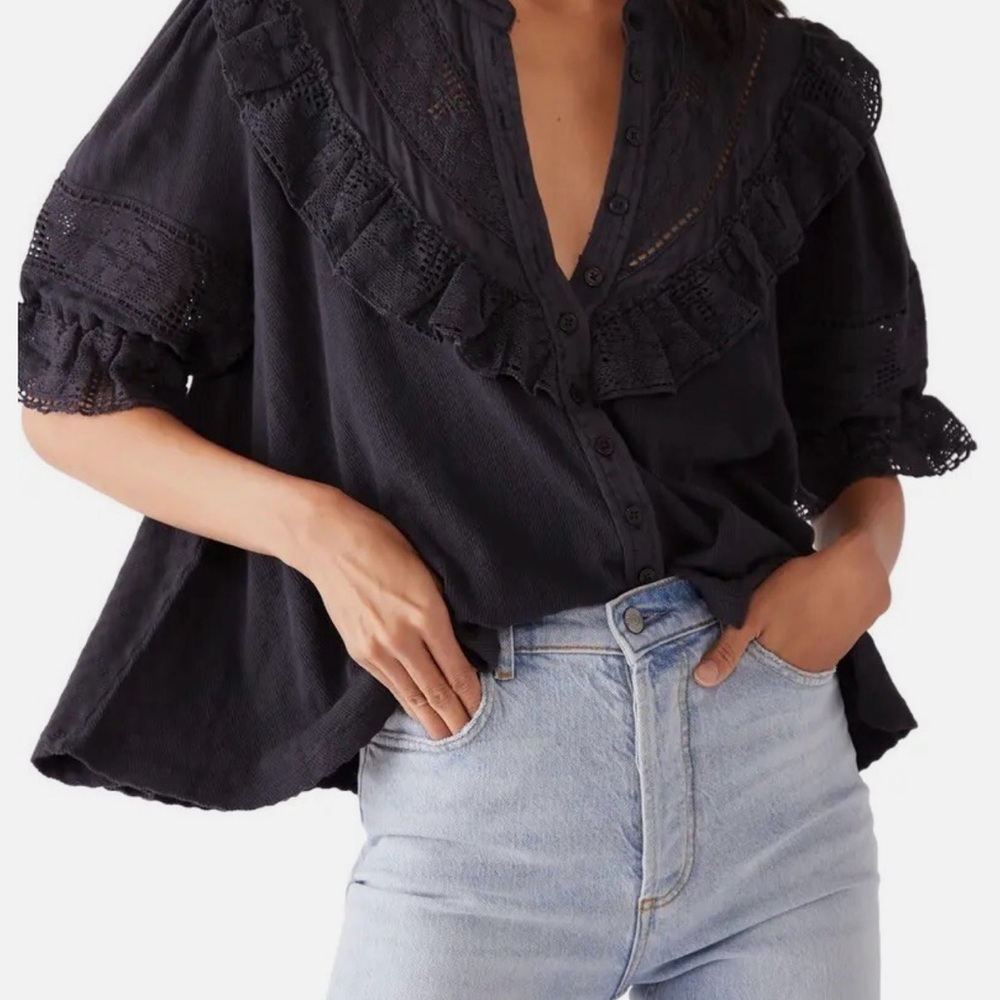 Free People Black Ruffled Bib Collar Blouse